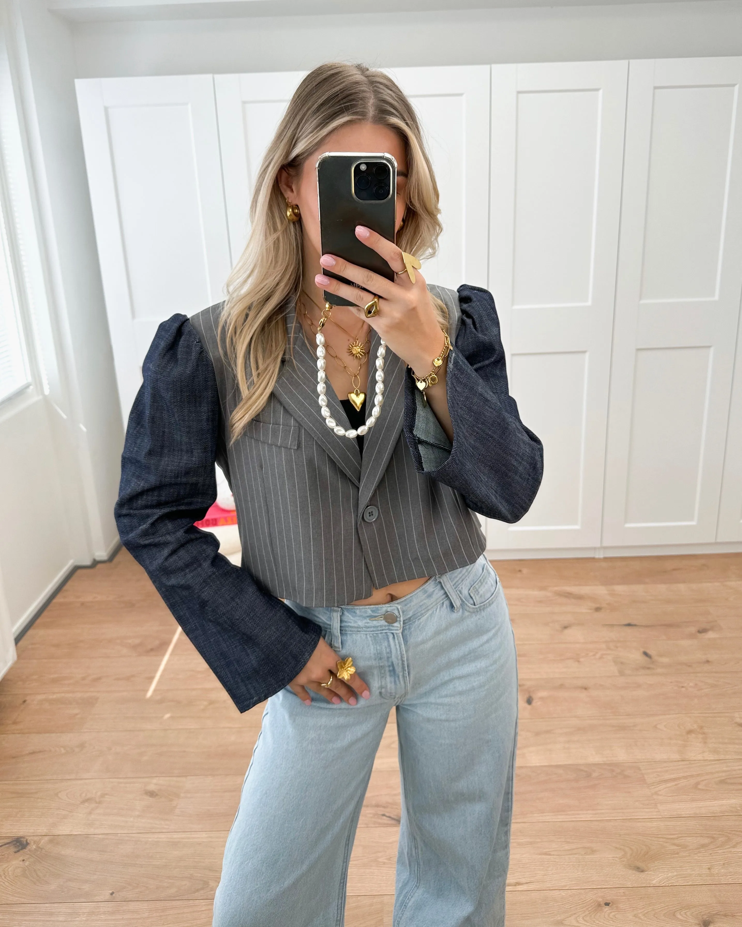 Denim Sleeve Blazer Striped Grey